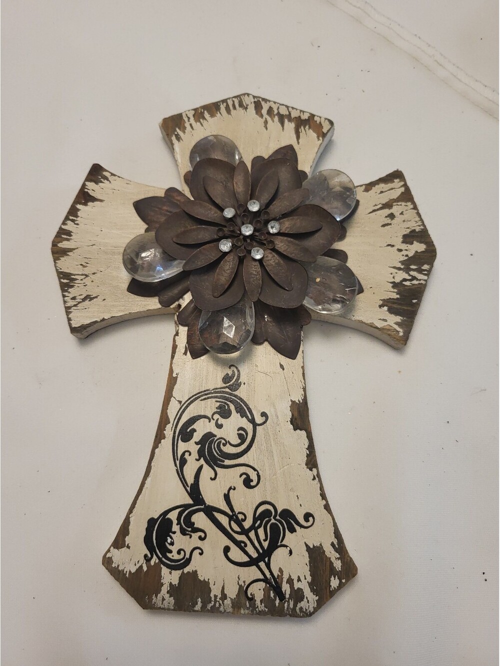 Rustic Wooden 9x6.5" Cross with Decorative Flower and Crystal Accents